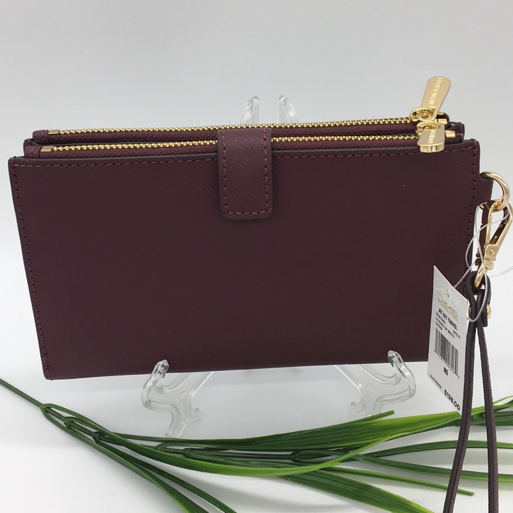 MICHAEL KORS Jet Set Travel LG Double Zip Wristlet Wallet Leather Dark Cherry - Picture 6 of 16